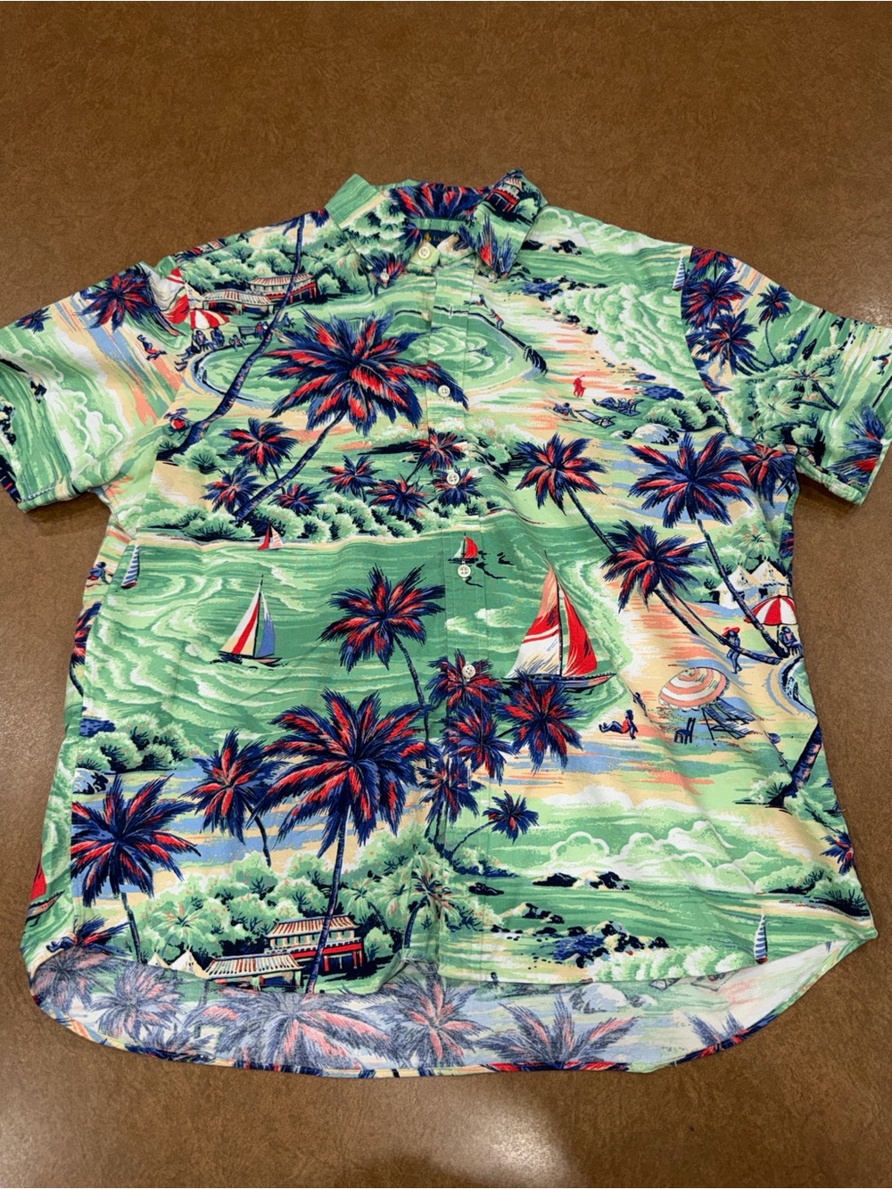 Ralph Lauren Green Tropical Print Button-Down with Red & Navy Details • Like NEW